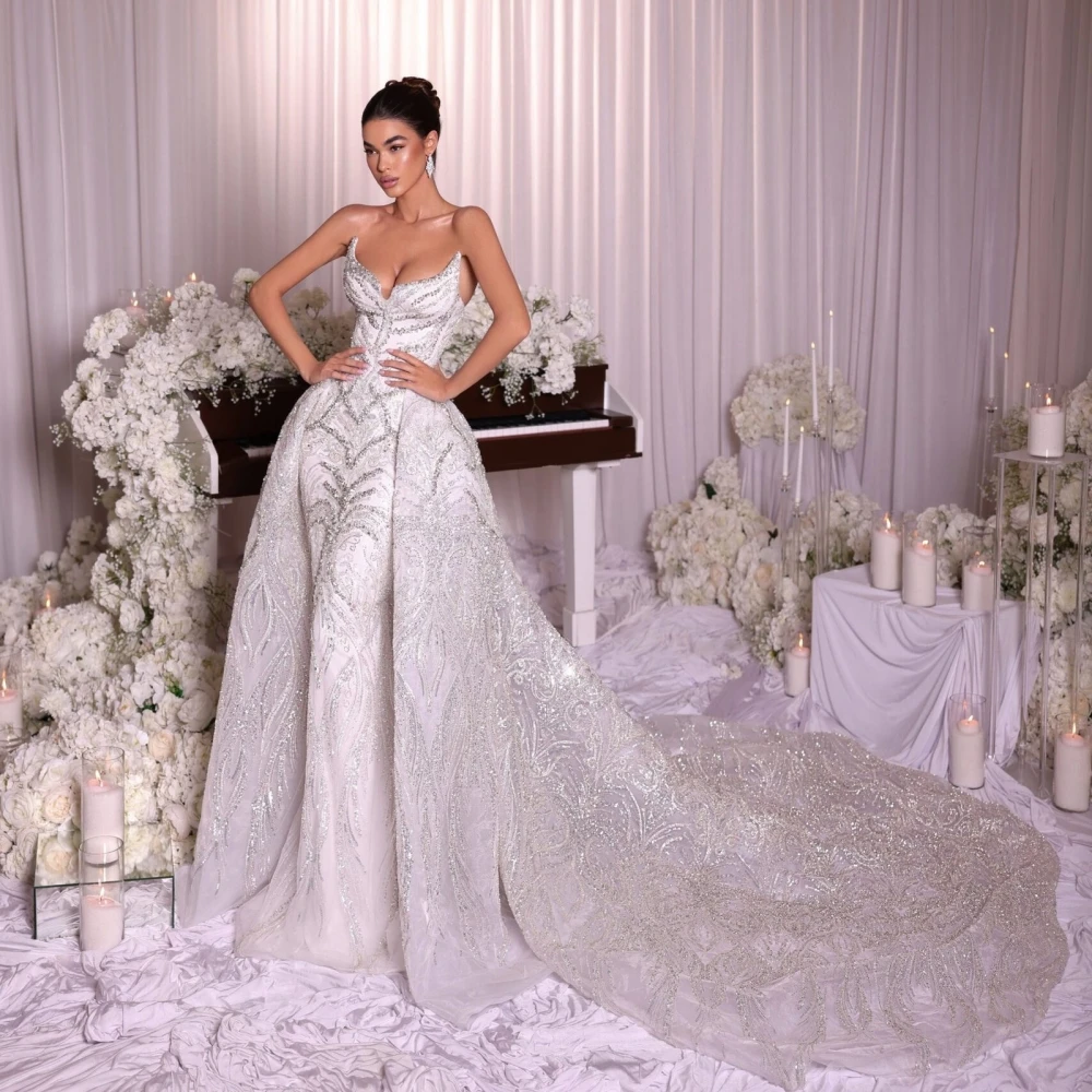 Luxurious Mermaid Wedding Dress Sweetheart Neck Sleeveless Bridal Gowns Sequins Crystal Detachable Train Dresses Custom Made vestidos de novia