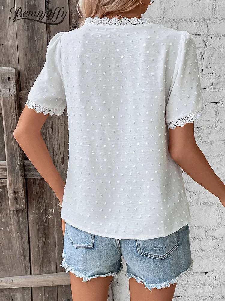 Benuynffy Vneck Lace Swiss Dot Solid Tops Blouse Women Fashion Summer Short Sleeve Boho Sweet Casual Female Blouses 250515