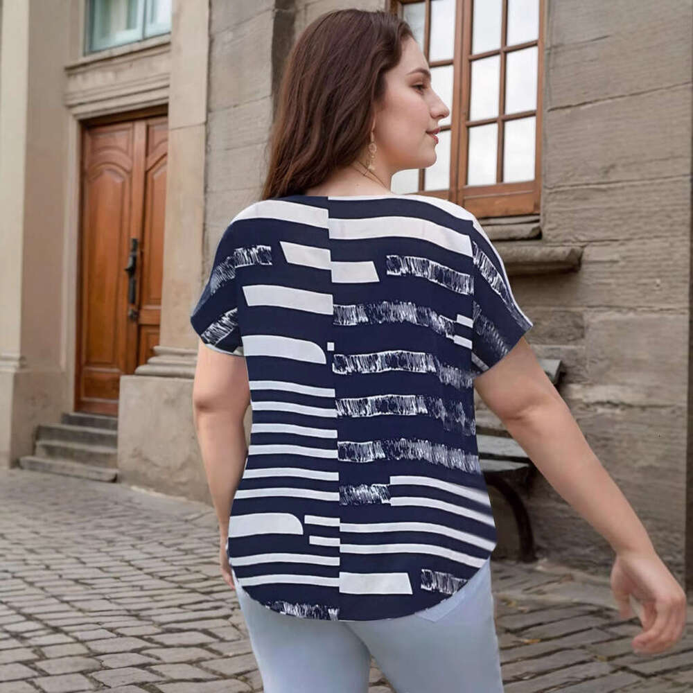 Plus Size Clothes French Tshirt Womens Designer Clothing Large Size Womens Spring and Summer New Item Striped Print V-neck Batball Sleeve Shirt T-shir