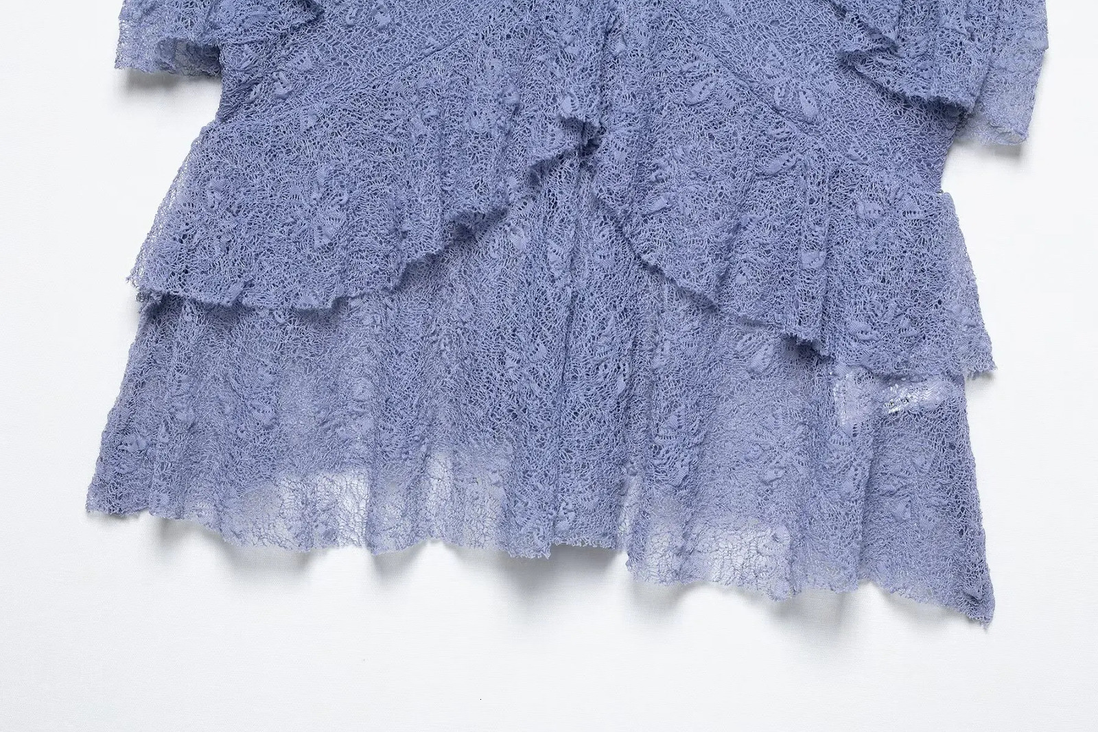 Zevity Women Chic Pleated Ruffles Lace Crochet Perspective Sling Camis Tank Lady Sexy V Neck Shirt Blouse Tops LS9113 250515