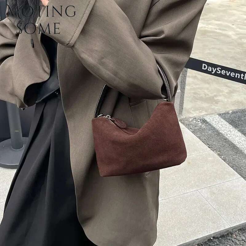 Motingsome Mini Pouch Suede Cowhide Portable Lunch Box New Versatile Hand Bag Retro Shoulder Messenger Purse