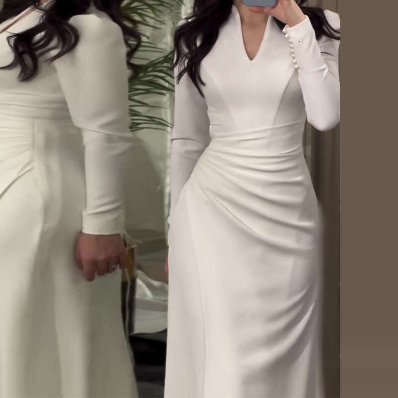 2024 Autumn New Solid Color Slim Fit Gentle Fold Long Sleeve Dress