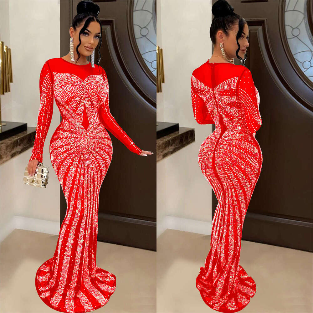 White Dress Maxi Dress C6198 Fashion Women's Solid Color Mesh Perspective Diamond Long Sleeve Dress KQ