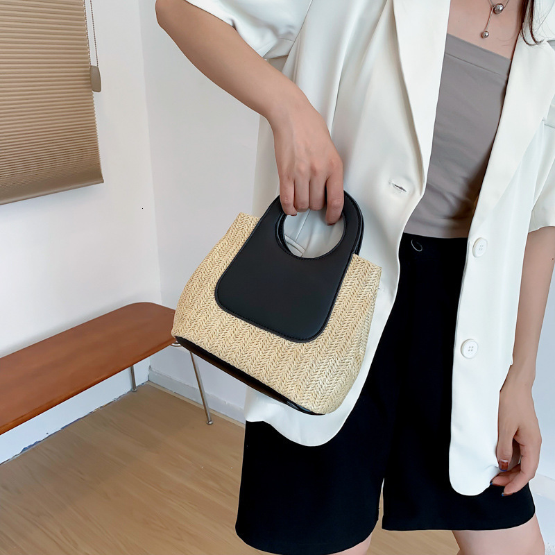 2025 Summer Contrast Spliced Grass Large Capacity Handmade Woven Bag Simple And Fashionable One Shoulder Handbag