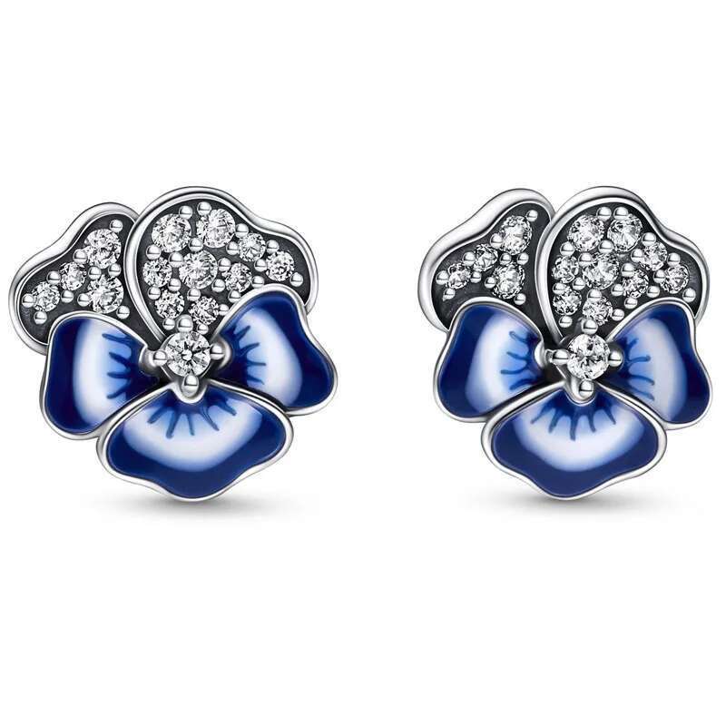 Authentic Sterling Sier Blue Enamel Pansy Flower Earring Necklace With Crystal For Women Jewelry Set Gift