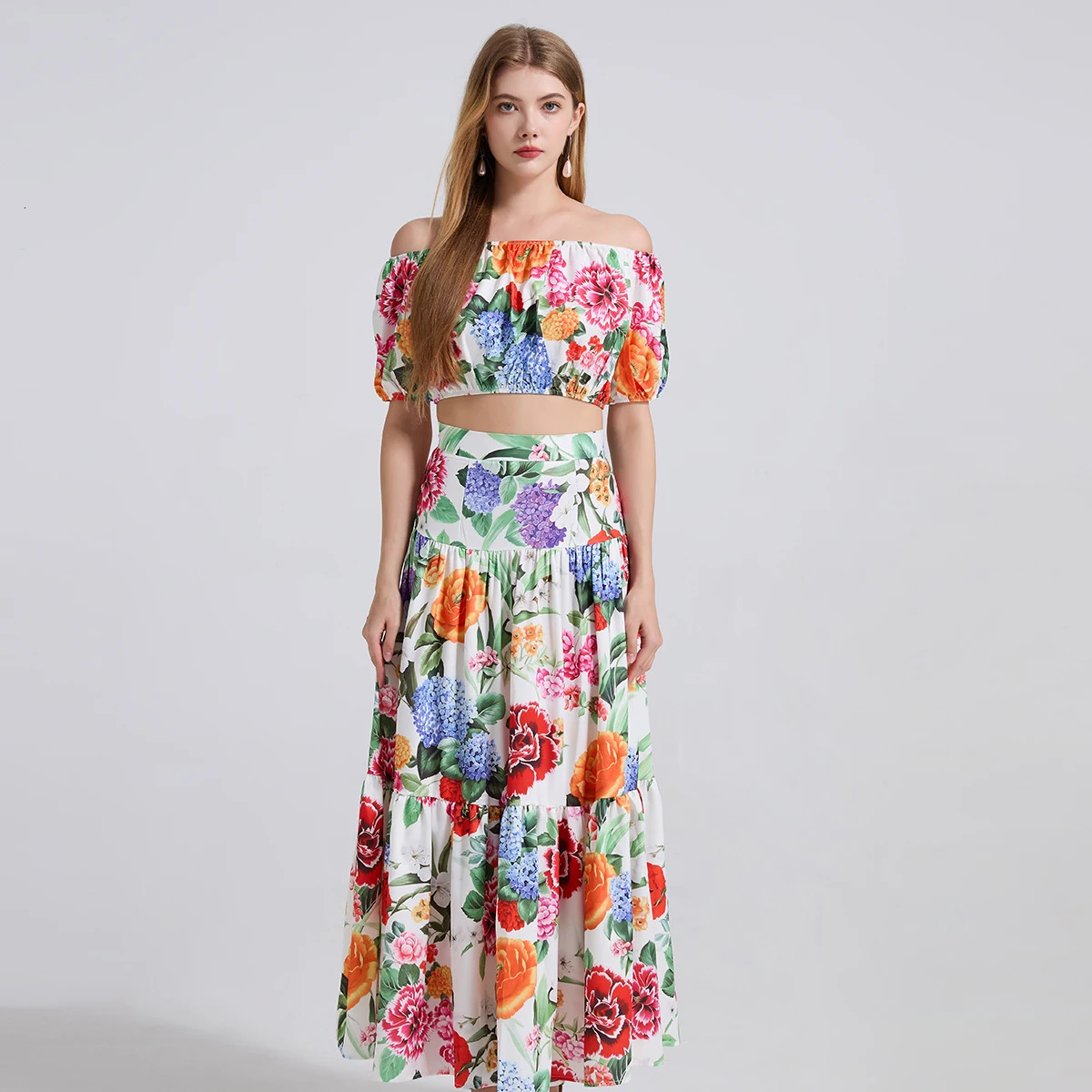 ZJYT Summer Holiday Beach Two Piece Dress Sets Women Runway Fashion Floral Print Slash Neck Top and Long Skirt Suit Outfit 250515