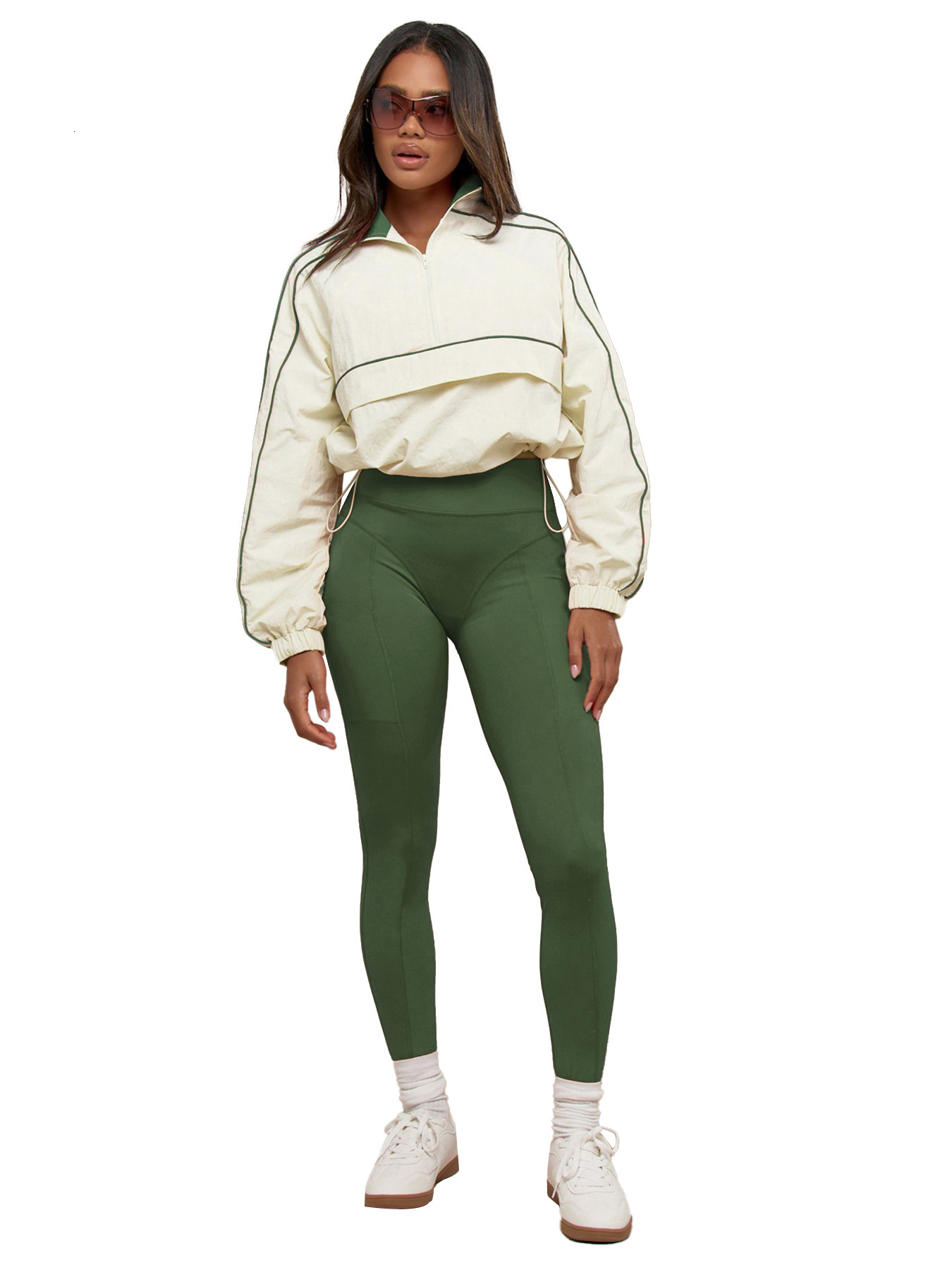 HR25081 Fashion Womens Drawstring Waist Nylon Top Yoga Pants Sports and Leisure Two Piece Set