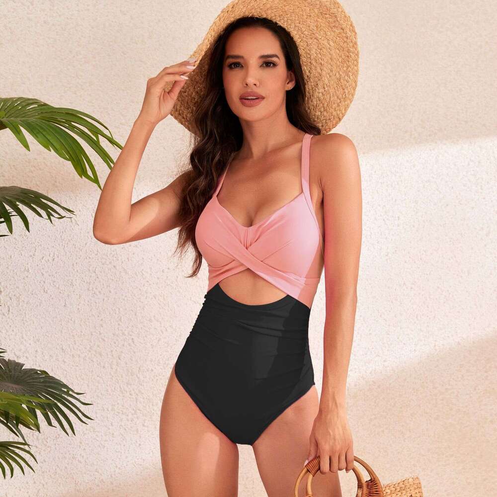 24 popular one-piece hard bag swimsuit with hollow solid color swimsuit, women's high waist manufacturer's new style, chic and elegant cloth