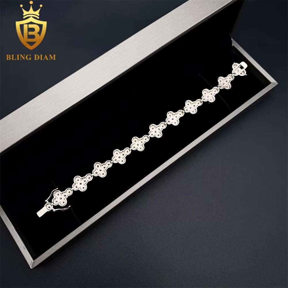 Wholesale Price Jewelry 925 Sterling Silver VVS Moissanite Cuban Link Chain Flower Cross Bracelet 10mm 13mm