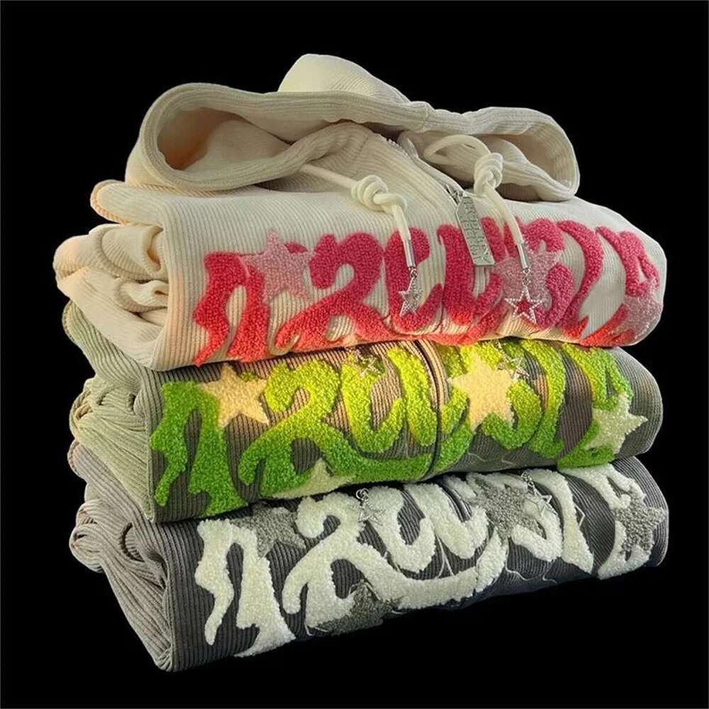 Women Y2k Embroidery Retro Hoodies Autumn Winter Corduroy Zip Up Hoodie Long Sleeve Fashion Loose Graphic Sweatshirt Casual Coat Designer