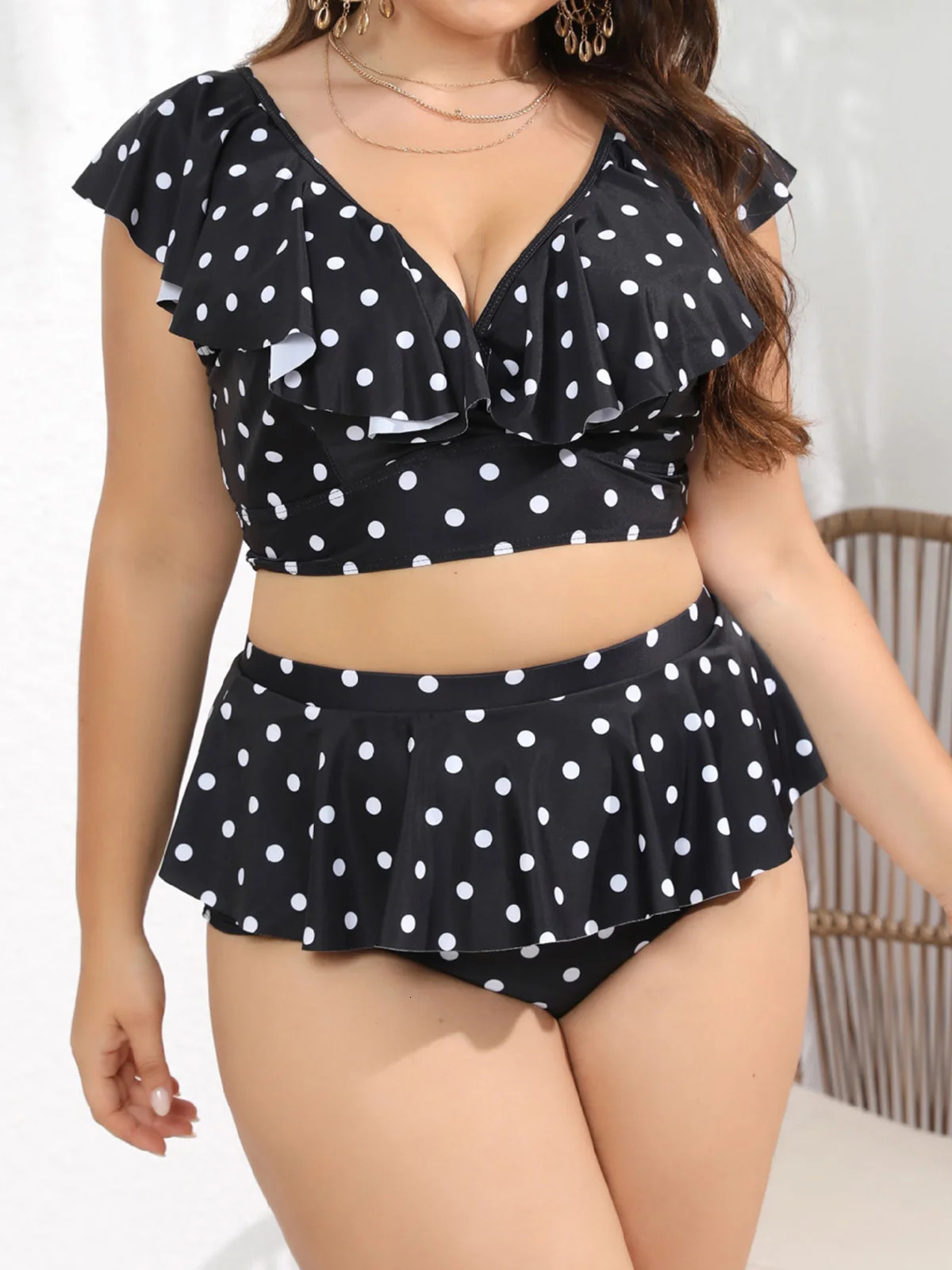 0XL - 4XL Polka Dots Bikini Large Size Swimwear Plus Size Women Swimsuit Female Two-pieces Bikini set Bather Bathing Suit V3745 250515