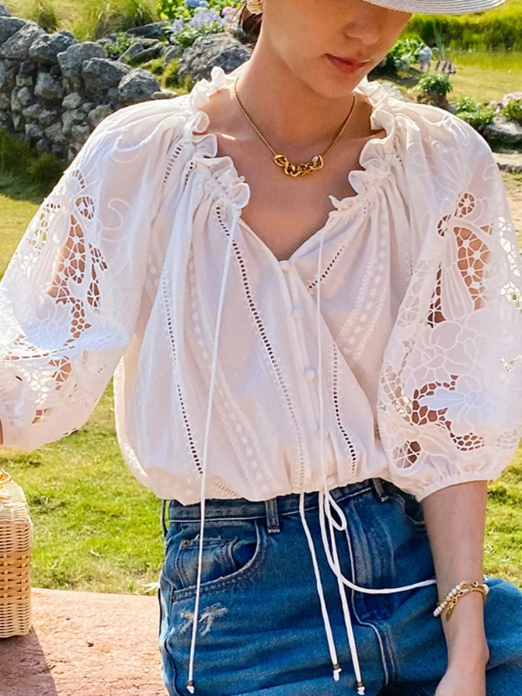 French Vacation Style ed White Blouse Lace Floral Midi Skirt Women Summer 100% Cotton HollowOut TwoPiece Dress Set 250515
