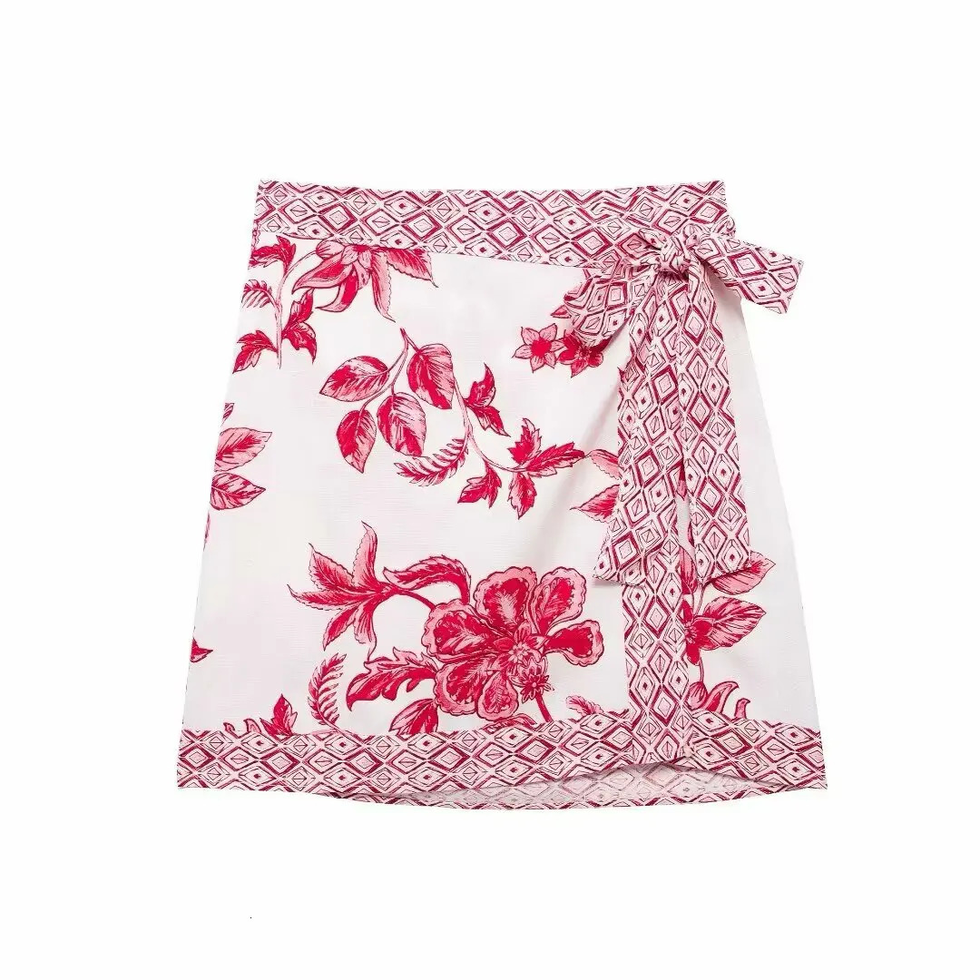 Zevity Women Vintage Red Totem Floral Print Lace Up Wrapped Mini Sarong Skirt Skirts Casual Slim Dresses QUN9182 250515