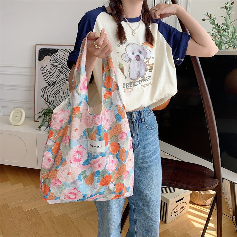Top quality Brand High Quality Instagram oil painting flower canvas casual shoulder cloth portable large student sweet vest bag trendy