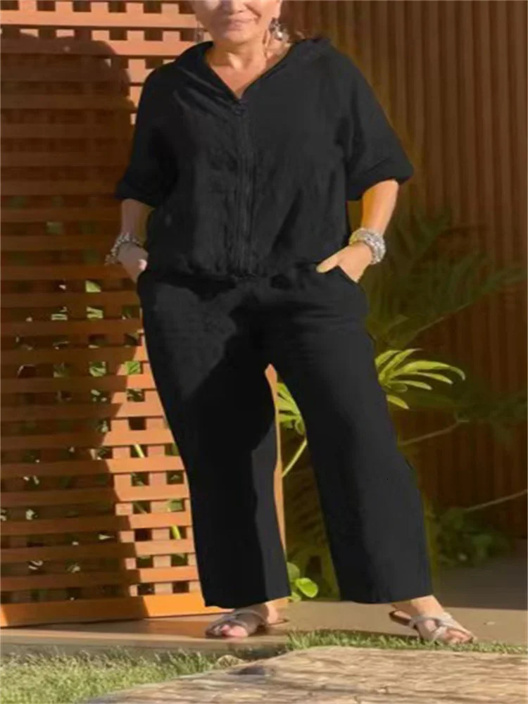 Plus size womens suit solid color cotton hemp fashion zipper hoodie top pants plus size womens clothing 250514