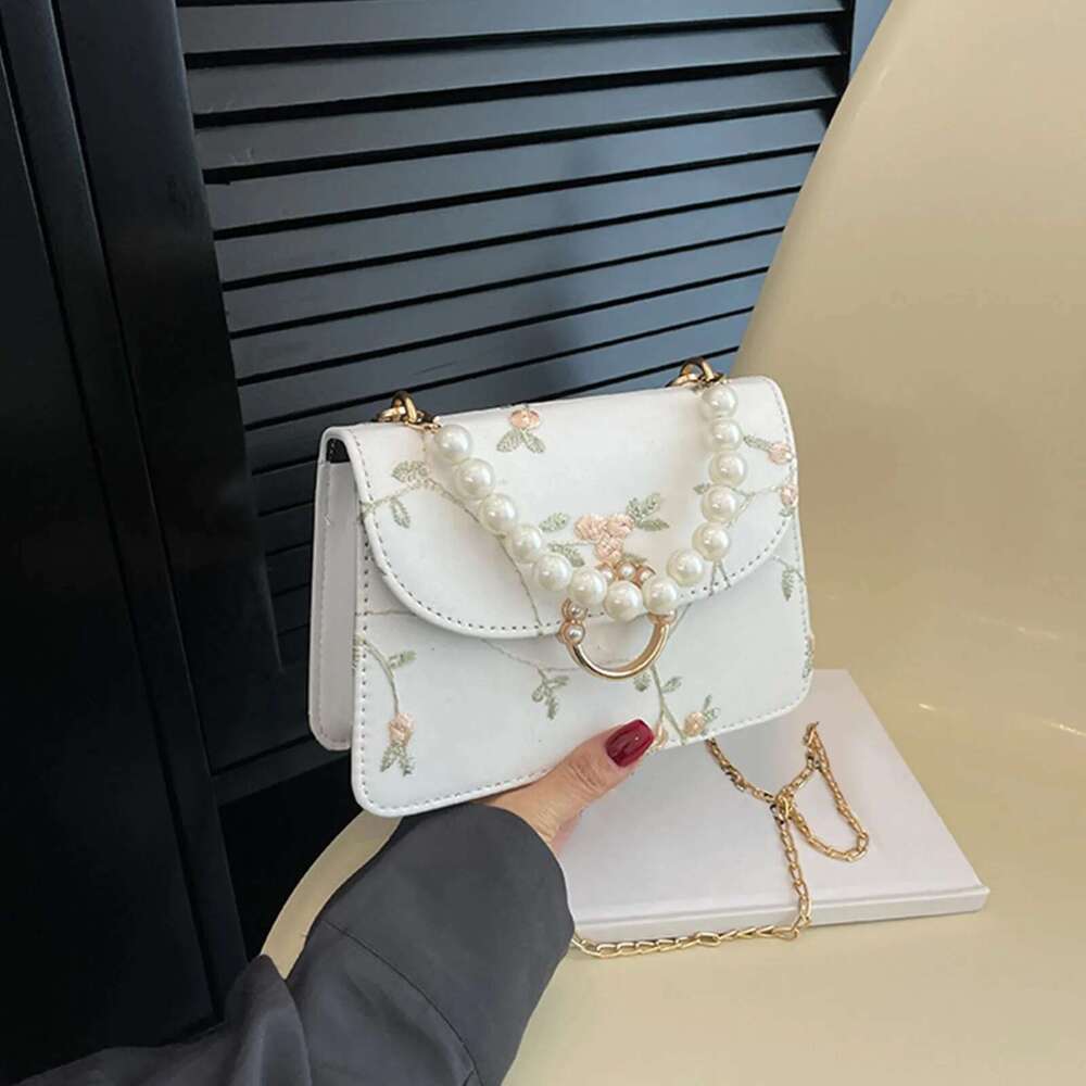Women's Fashion Chain One Shoulder Crossbody Non-Positioning Lace Embroidery Pearl Handbag Small Square Bag Bolsas Para Mujeres