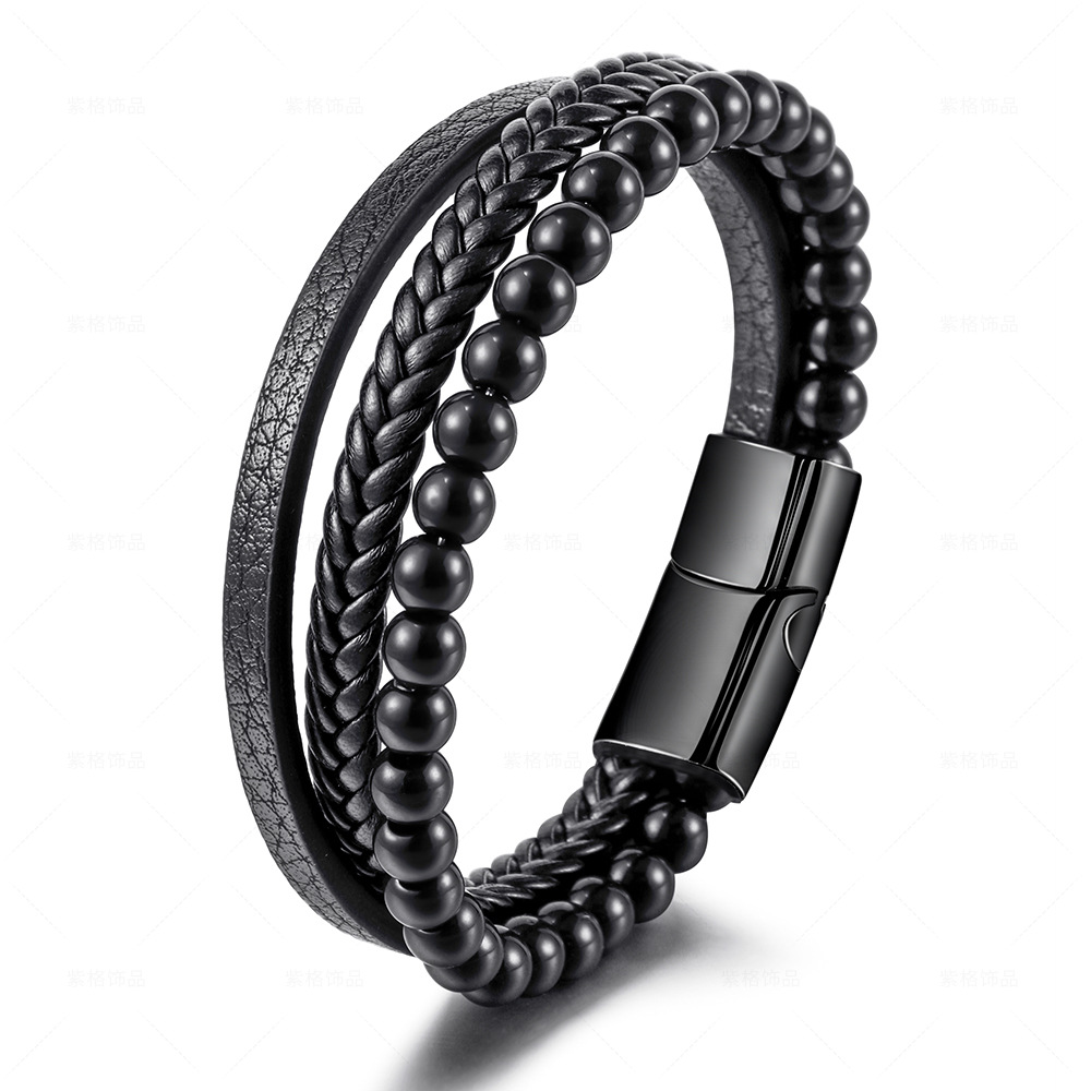 Handcrafted Men's Beaded Bracelet with Natural Tiger Eye Stones & Stainless Steel Cross - Leather & Alloy Material for Stylish Fashion Accessorie