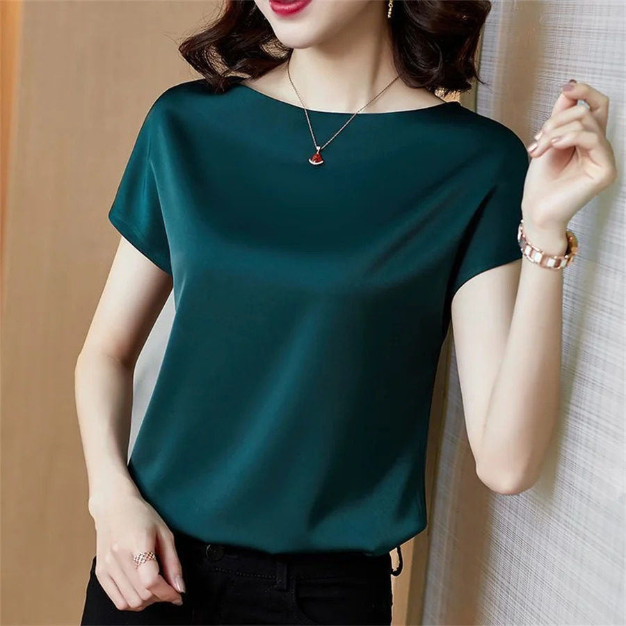Office Lady Tops Summer Short Sleeve O-Neck Blouses Satin Blouse Women Shirts Simple Solid Casual Loose Shirt Blusas DF4904 250514