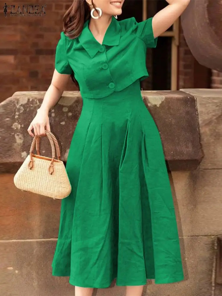 ZANZEA Women Two Piece Sets Summer Matching Office Short Sleeve Outwear And Tank Dress Outfits Casual Solid Suit 250515
