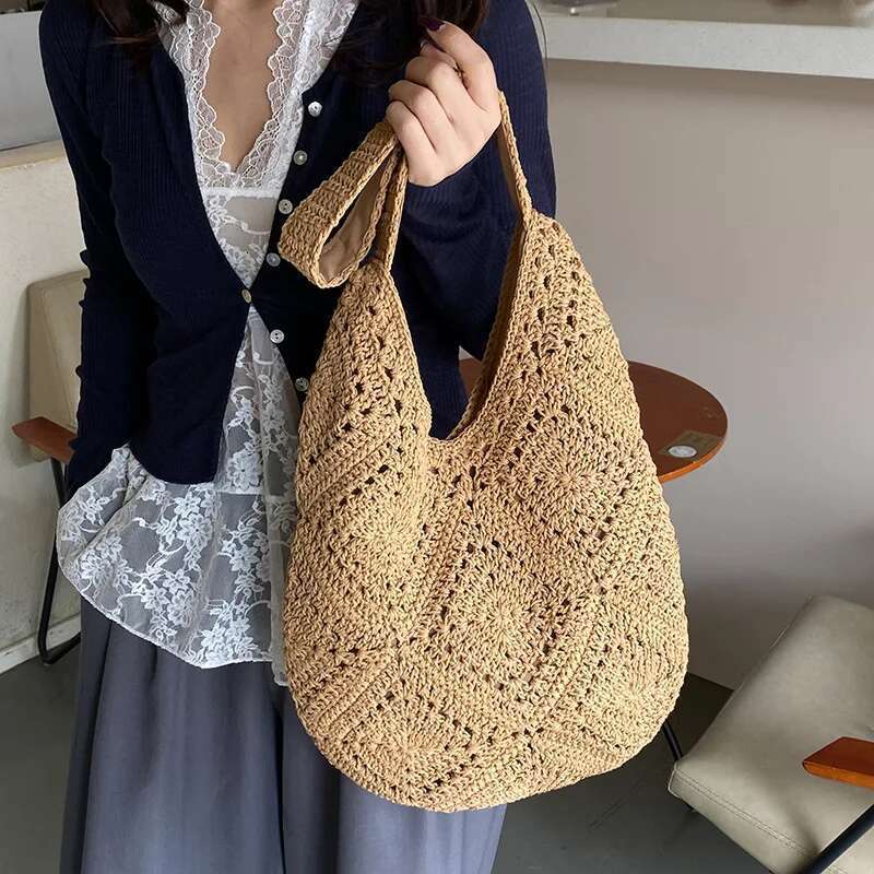 Women's Large Capacity Knitted Hollow Suower Shoulder Underarm Bag Fashion Handbag