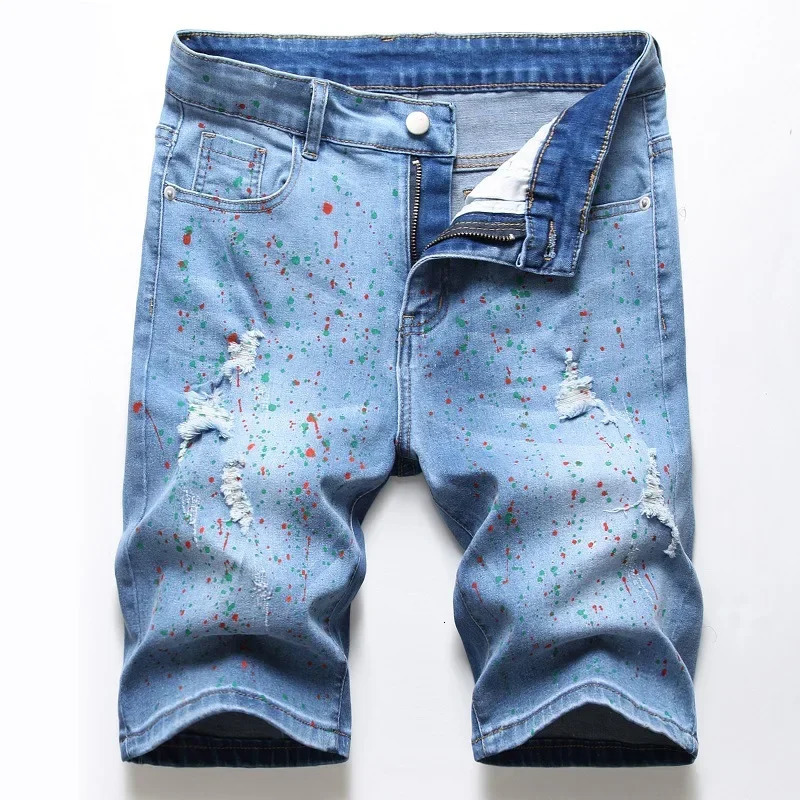 Mens Ripped Straight Denim Shorts Graffiti Jeans Fashion Spray Personalized Holes Short HipHop Streetwear 250515
