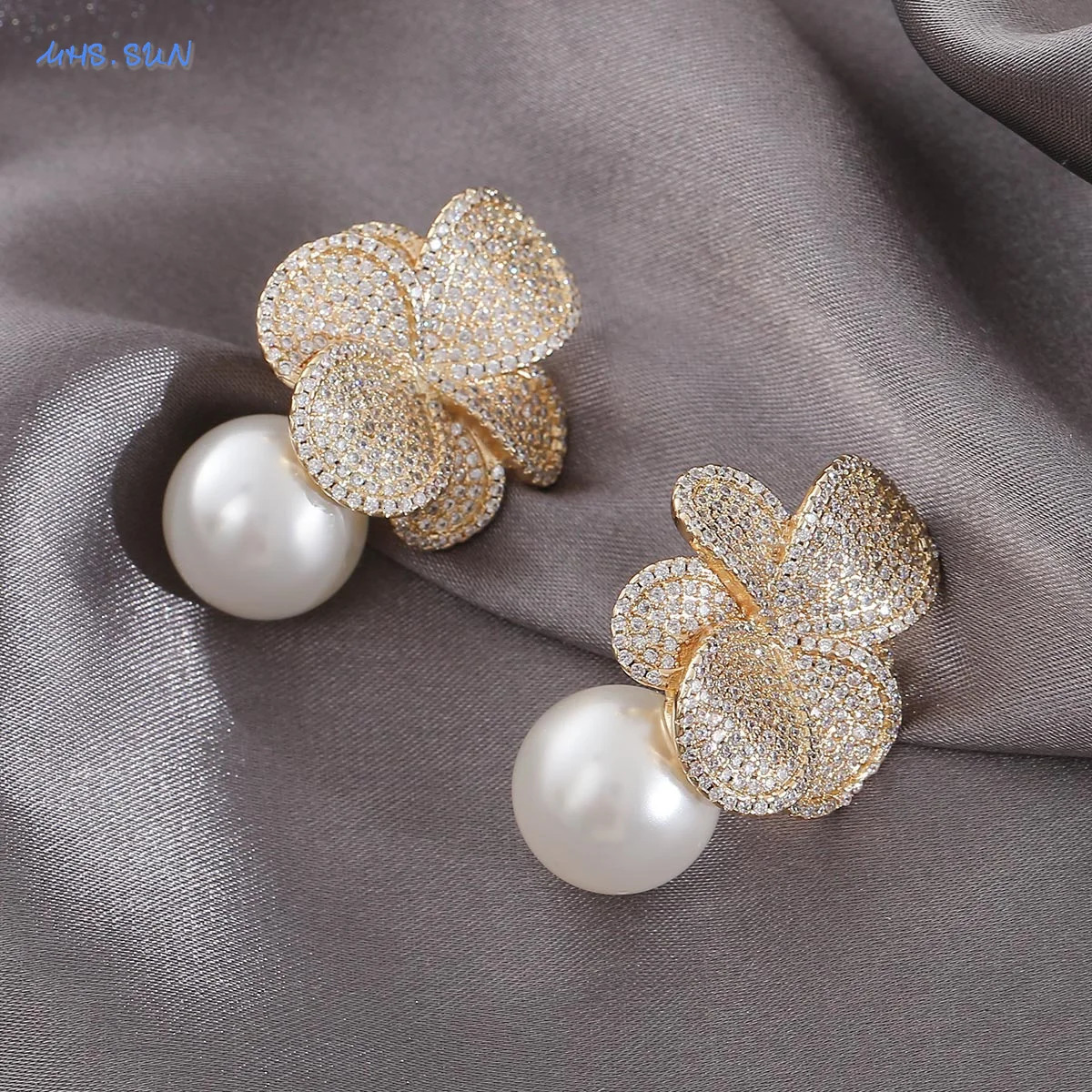 MHS.SUN Imitation Pearl Flower Earrings Women Inlaid Sparkling CZ Zircon Fashion Wedding Prom Party Jewelry Gifts 250515