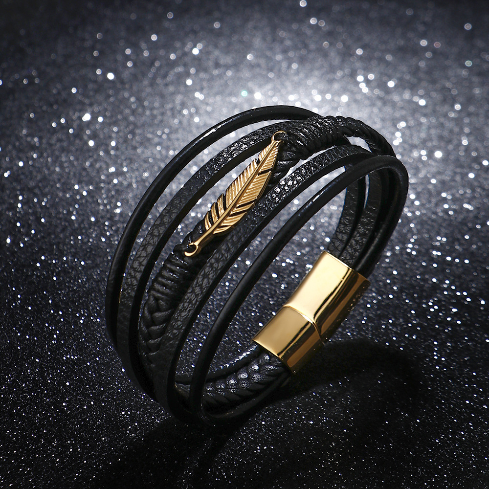 Amazon Europe Stainless Steel Feather Bracelet for Men, Multi-layer Leather Braided Design with Titanium Magnetic Clasp