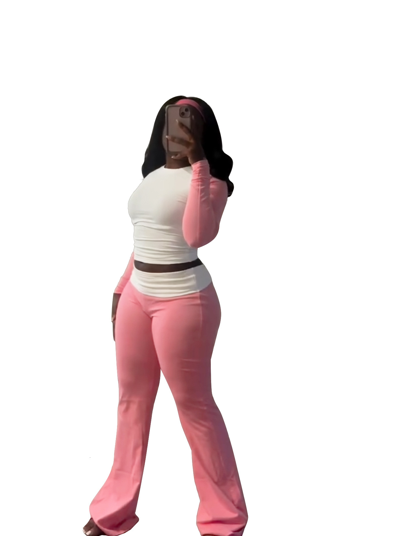 HR24061 womens contrasting color tight fit high waist folding slim fit pants with fleece set