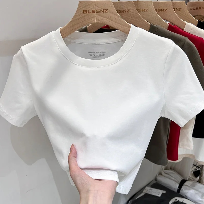 Casual Black White Fashion Crop Top T Shirt Solid Basic Short Sleeve Womens Tshirt Ladies Korean Tee Streetwear 250506
