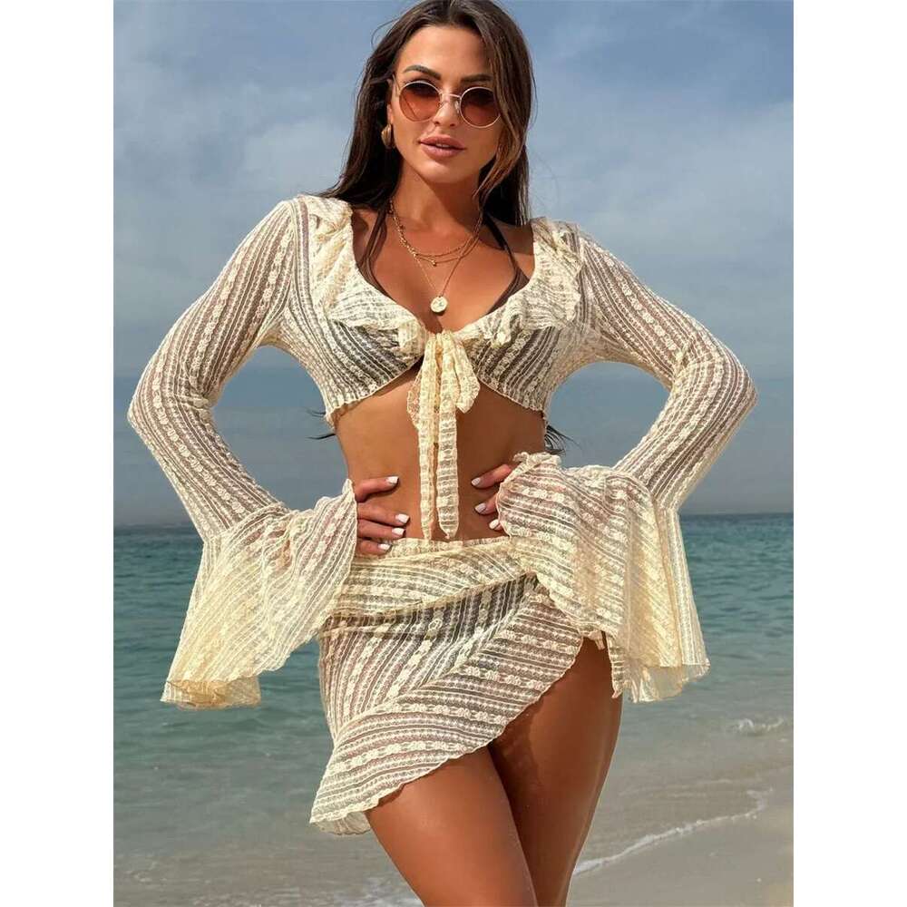 4 Pieces Bikinis Sets Women Mesh Long Sleeve Cover Up with Beach Skirt Swimwear 2024 Holiday Bathing Suit Patchwork Swimsuit