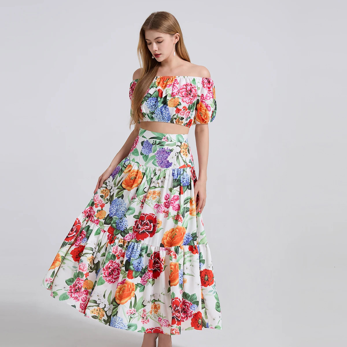 ZJYT Summer Holiday Beach Two Piece Dress Sets Women Runway Fashion Floral Print Slash Neck Top and Long Skirt Suit Outfit 250515