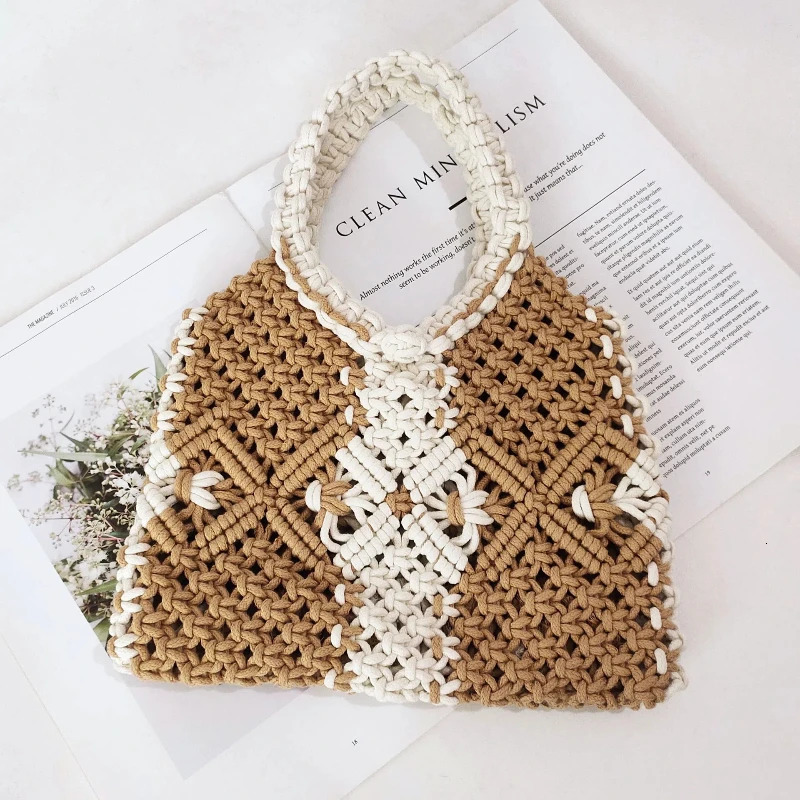 Cotton Rope Woven Bag for Womens Handheld Cute Womens Bag with Cute Hollow Mesh Pocket for Beach Vacation Womens Bag 250515