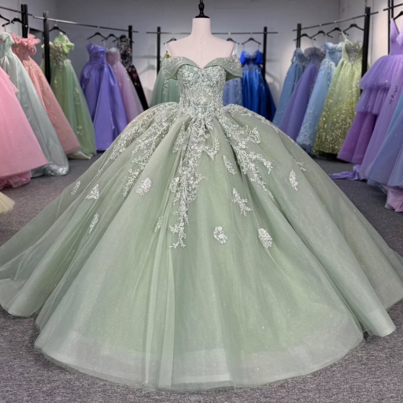 Mint Green Quinceanera Dresses Off Shoulder Ball Gown Sweet 16 Dress Sequin Applique Beading Crystal Tull Birthday Party Vestidos 15 anos