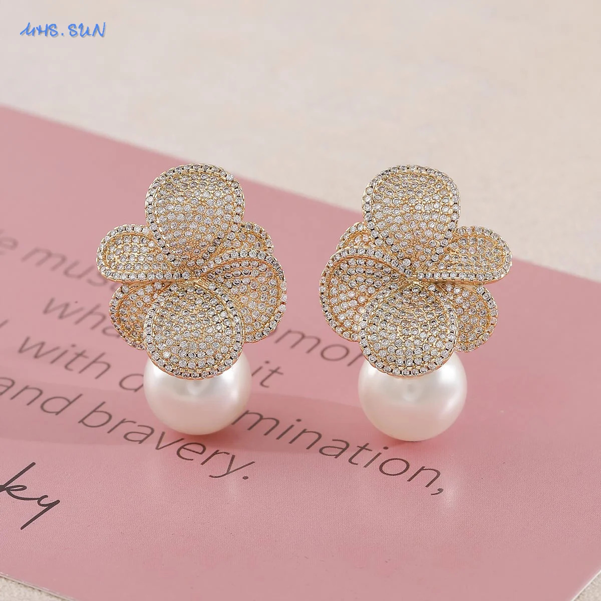 MHS.SUN Imitation Pearl Flower Earrings Women Inlaid Sparkling CZ Zircon Fashion Wedding Prom Party Jewelry Gifts 250515