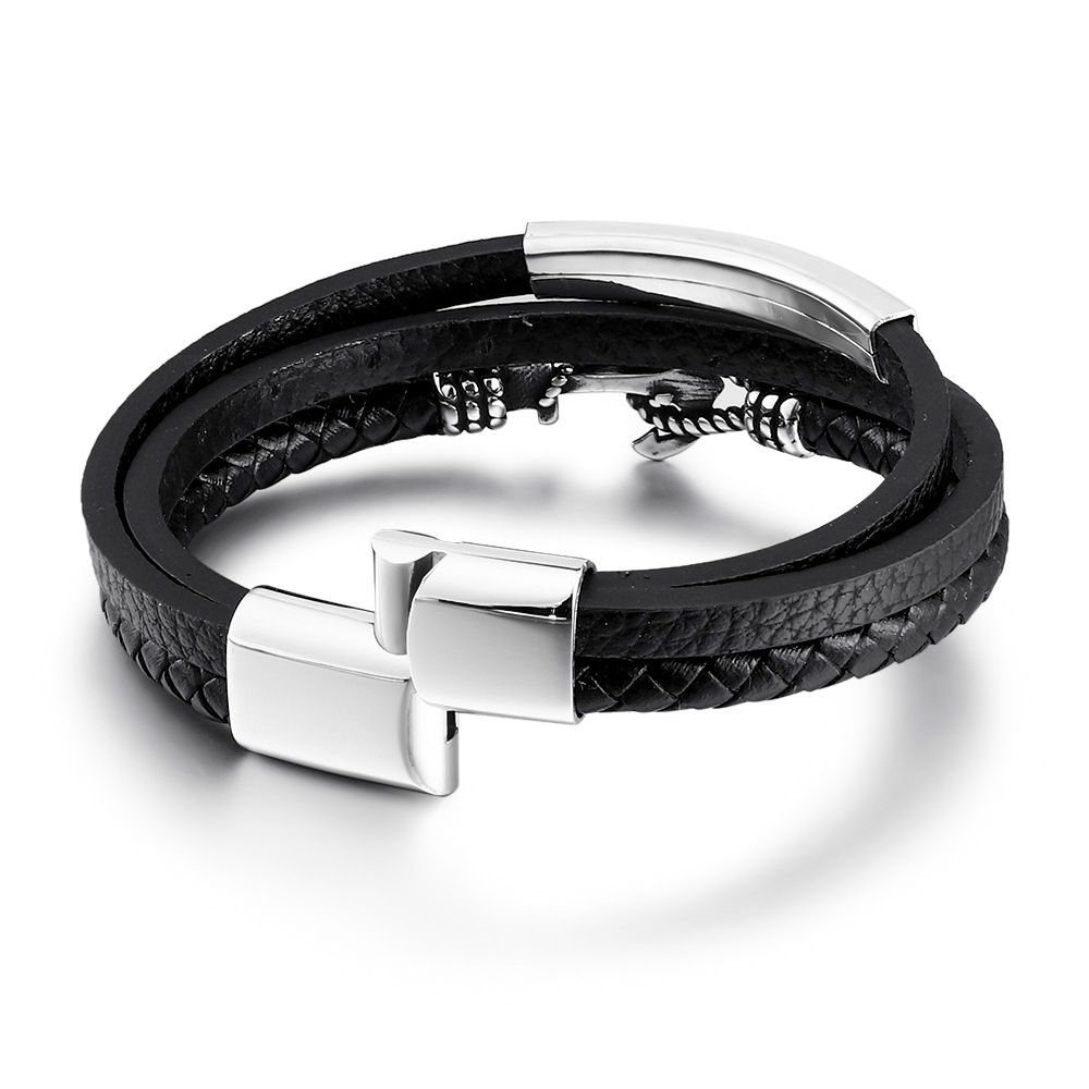 Fashionable Multi-Layer Black Leather Anchor Bracelet for Men, Stainless Steel Clasp, Trendy Woven Design