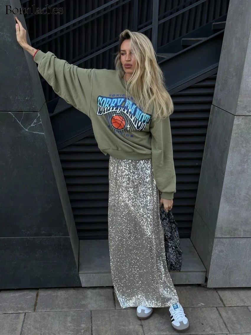 Bornladies Elegant Silk Sequins Women Skirt Dropped Waist Long Skirts Streetwear Classic Fashion Female Clothing 250515