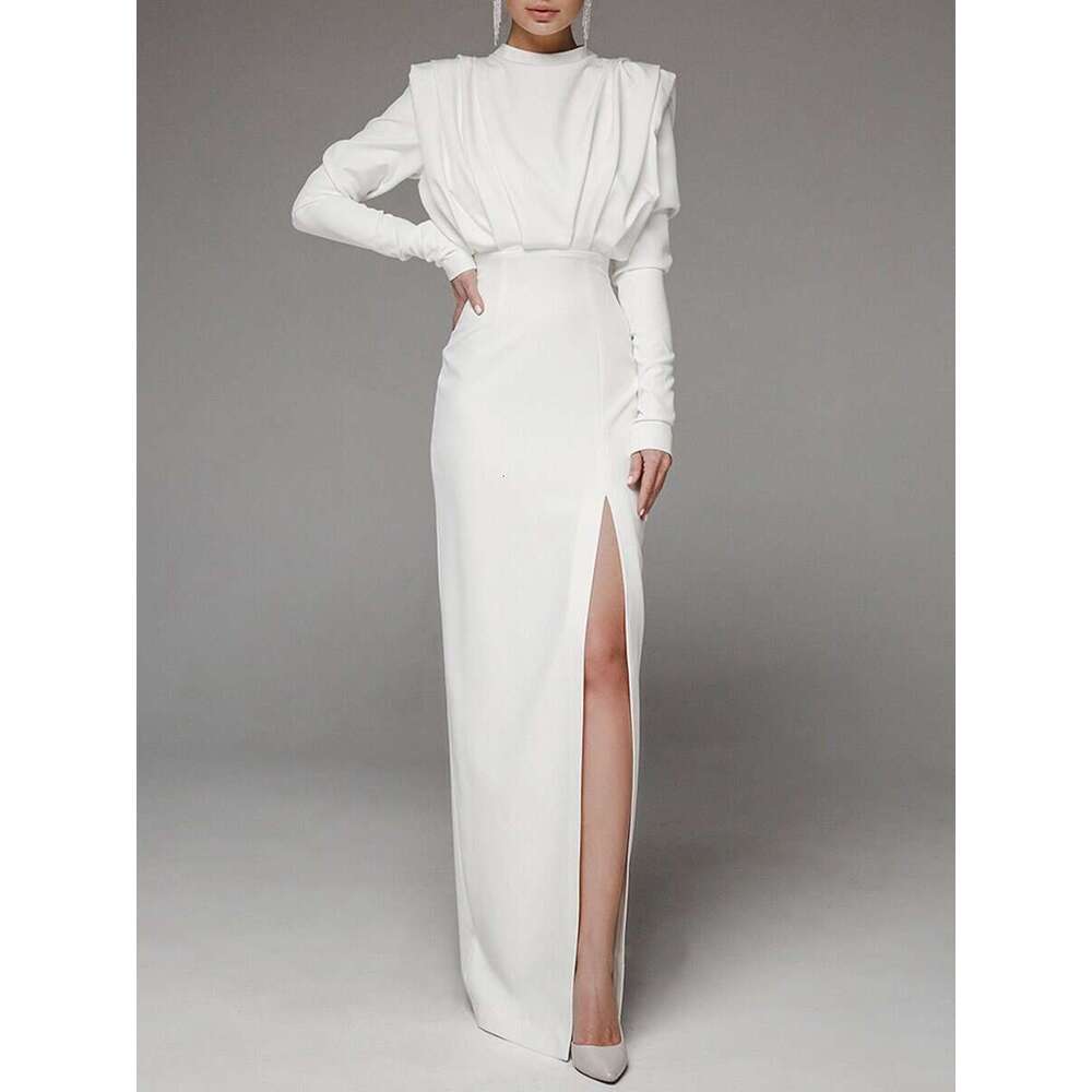 White Dress Maxi Dress 2021 Spring/Summer New Summer Fashion High Neck Pullover Split Long Dress Straight KQ