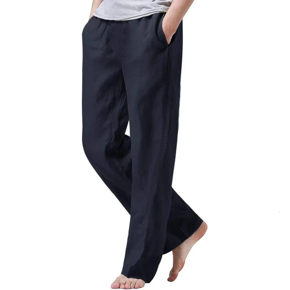 Mens Cotton Linen Breathable Drawstring Pants Elastic Waist Casual Jogger Yoga Beach Baggy Loose Trousers Sweatpants 250515