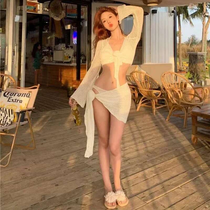 Sexy 4 Piece Lace Bikinis Set Women Swimsuit Solid Long Sleeve Cover with Skirt Swimwear New Push Up Bathing Suit Bikini