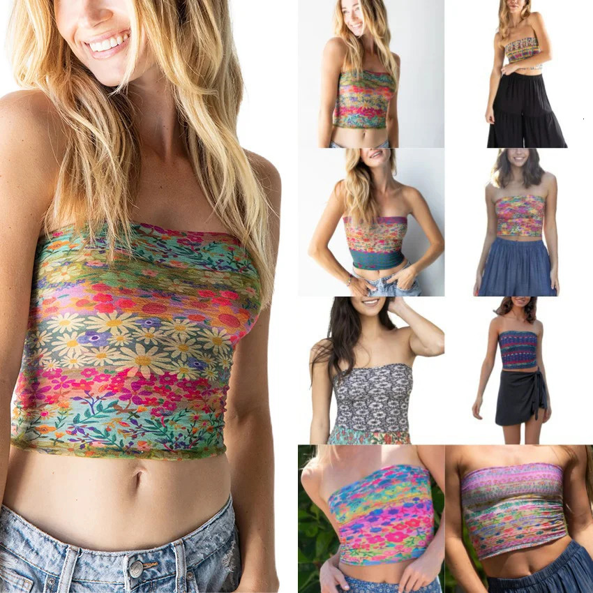 Women Y2k Strapless Tube Tops Summer Vintage Floral Print Mini Chic Vest Female Sexy Slim Sleeveless Backless Off Shoulder Top 250515