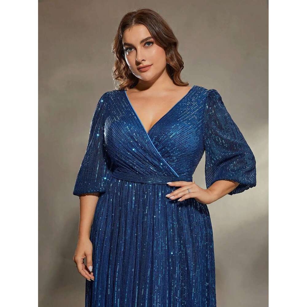 Mgiacy plus size V-neck bust pleated mid-long sleeve A-frame sequin long Evening gown PROM Party dress