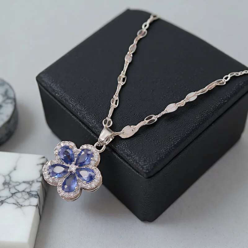 Blue Stone Cherry Flower Pendant Stud Earrings For Women Bridal Wedding Party Zircon Clavicle Necklace Jewelry Sets