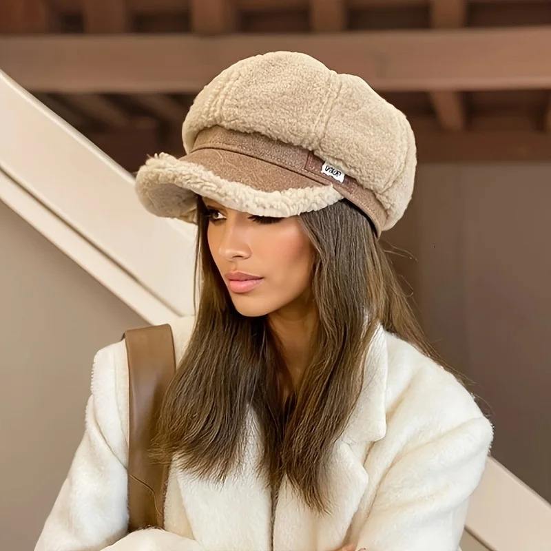 Lamb Hair Octagonal Hat for Womens Korean Fashion Duck Tongue Hat with Plush Bud Hat Fashionable British Retro Artist Hat 250514