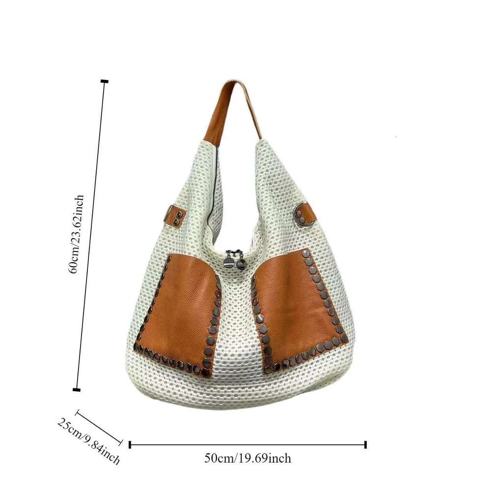 Women's Fashionable Mesh Spliced Cowhide Handbag, Luxurious Large Capacity Shoulder Crossbody Bag