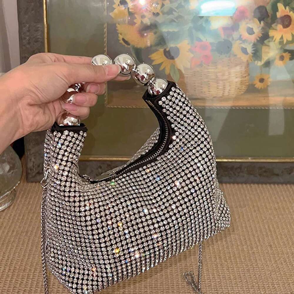JIOMAY Fashion Steel Ball Handle Tote Exquisite Rhinestone Shoulder Designer Bags Purses For Women Makeup Bag