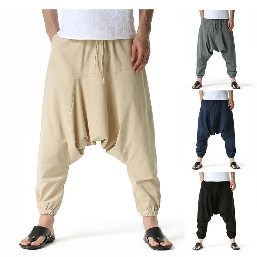 Mens Cotton and Linen Pants Harem Baggy Casual Oversize Loose Joggers Wide Leg Yoga Drop Crotch Trousers Hip Hop 250515
