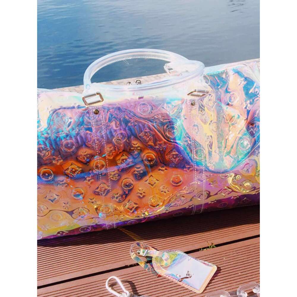 Colorful Transparent New Business Travel Boarding Lage Handheld Big Rainbow Emed Laser Fiess Bag