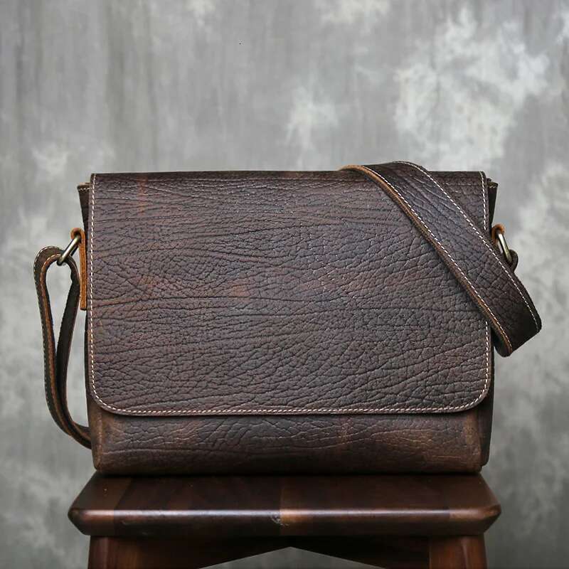 Men's Tree Patterned Retro Top Layer Cowhide Genuine Leather Mailman Shoulder Crossbody Official Document Men Bag