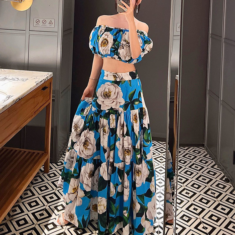 Women's Blue Floral Print Cotton Midi Skirt Summer New Arrival Designer Y2K High-Waist Calf-Length Pleated Skirt Fashion Classic Luxury Runway Cl