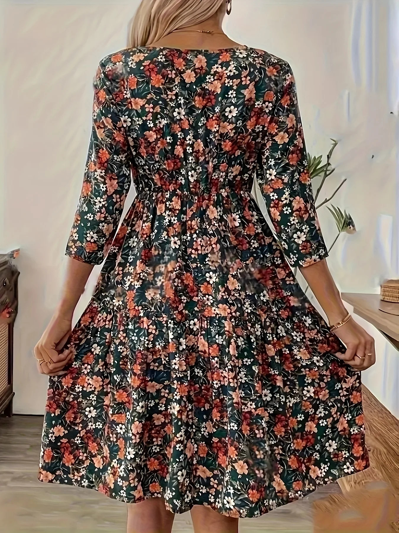 Plus Size Womens Pleated Floral Round Neck Casual Midi Dress with Fringe Detail Polyester 3/4 Sleeves Ruffle Hem Dress 250509